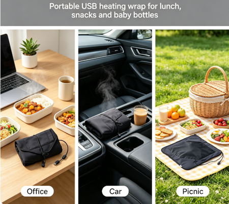 USB powered food heating bag with flexible wrapping design and food grade materials providing steady gentle heating for packed meals