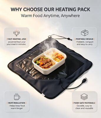 USB powered food heating bag with flexible wrapping design and food grade materials providing steady gentle heating for packed meals
