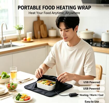 USB powered food heating bag with flexible wrapping design and food grade materials providing steady gentle heating for packed meals
