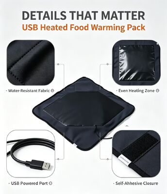 USB powered food heating bag with flexible wrapping design and food grade materials providing steady gentle heating for packed meals