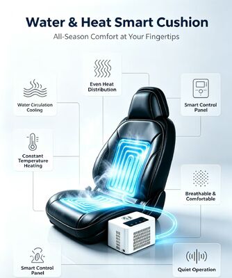 Car water-cooled hot seat cushion providing consistent temperature regulation with consumption safe for 12 volt vehicle systems