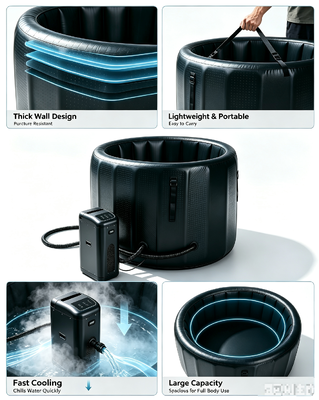 Portable inflatable ice bath tub with lightweight design and easy transport suitable for indoor outdoor cold plunge therapy