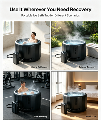 Portable inflatable ice bath tub with lightweight design and easy transport suitable for indoor outdoor cold plunge therapy
