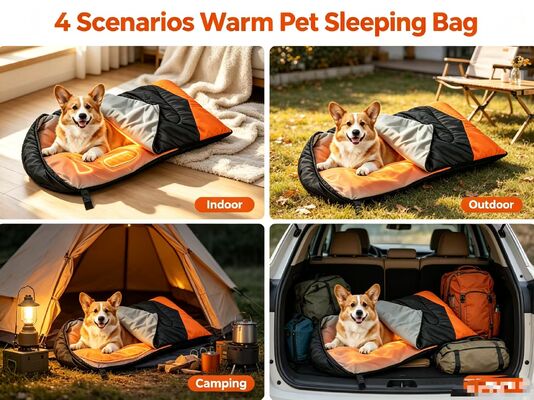 Heated Dog Sleeping Bag 3‑Level Adjustable Temperature, Soft Hollow Cotton Polyester Portable Warm Pet Sleeping Bag for Winter Snow Wind, Camping Travel Home Outdoor Use