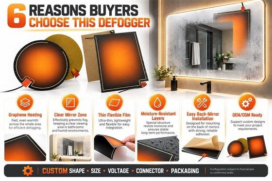 Graphene Mirror Defogger Heating Pad, Custom Shape Size Voltage, Moisture-Resistant Flexible Film for Bathroom Mirrors