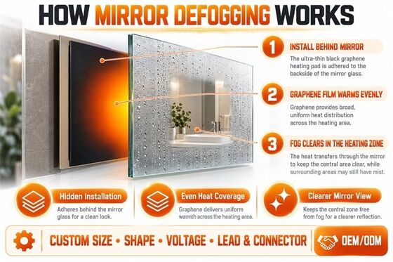 Graphene Mirror Defogger Heating Pad, Custom Shape Size Voltage, Moisture-Resistant Flexible Film for Bathroom Mirrors