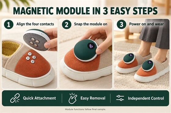 Detachable Magnetic Heated Slippers, Graphene Heating Module with Digital Display, Custom Color Material Label and Packaging