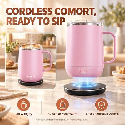 Wireless Charging Heated Mug, Multiple Temperature Settings with One-Button Control, Rechargeable Cordless Coffee Cup with Stainless Steel Liner, Custom Color Logo and Packaging