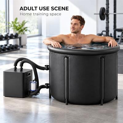 Ice Bath Tub with External Chiller Black Round Cold Plunge Tub with Two Water Hoses Filter and Buckled Cover for Custom Projects