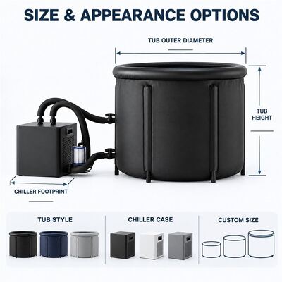 Ice Bath Tub with External Chiller Black Round Cold Plunge Tub with Two Water Hoses Filter and Buckled Cover for Custom Projects