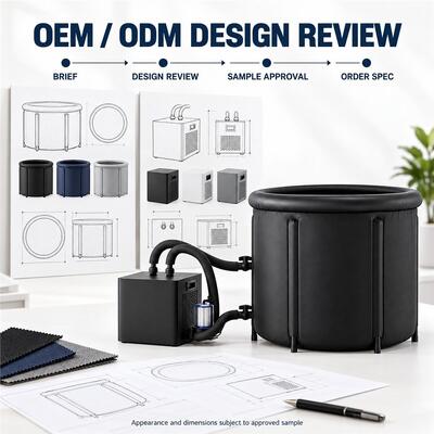 Ice Bath Tub with External Chiller Black Round Cold Plunge Tub with Two Water Hoses Filter and Buckled Cover for Custom Projects