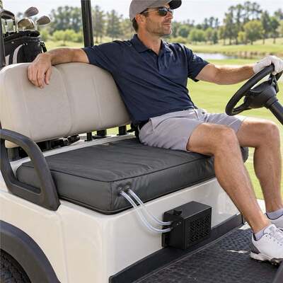 24V Golf Cart Dual-Mode Seat Cover, Water Cooling and Graphene Heating, Waterproof Bench Seat Cover with Buckle Straps and External Cooling Box, Custom Size Color Logo and Packaging
