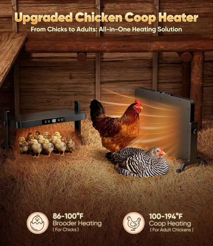 Chicken coop heater providing continuous safe heating for up to twelve hours ideal for overnight in chicken coops and breeding spaces