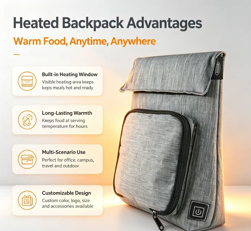 OEM ODM Custom Logo USB Heated Food Warmer Pouch, Waterproof Leak‑Proof Washable Removable Charging Heating Bag for Travel Picnic School