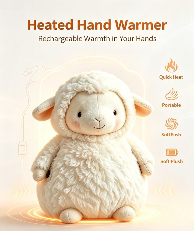 Kids Friendly Portable Sheep Hand Warmer,Powered by USB Power Bank for Easy Carry,Soft Gentle‑Touch Fabric for Household Indoor Use,3‑Level Heat Setting 40‑50‑60℃,Long‑Lasting 6‑8‑Hour Working Time