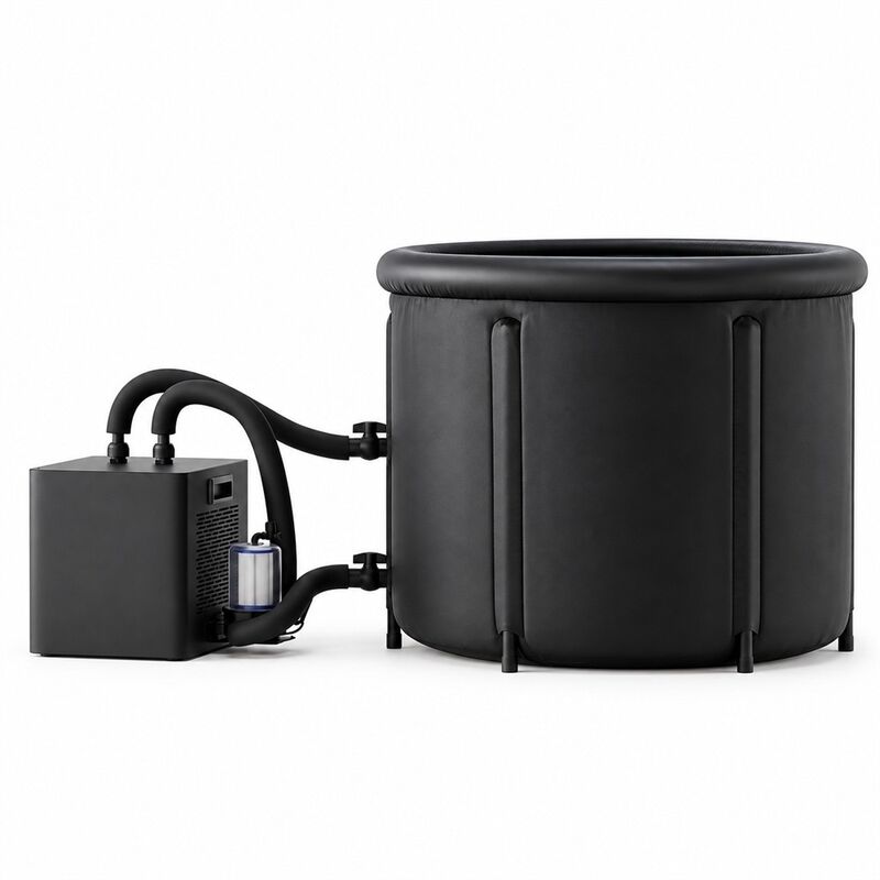 Ice Bath Tub with External Chiller Black Round Cold Plunge Tub with Two Water Hoses Filter and Buckled Cover for Custom Projects