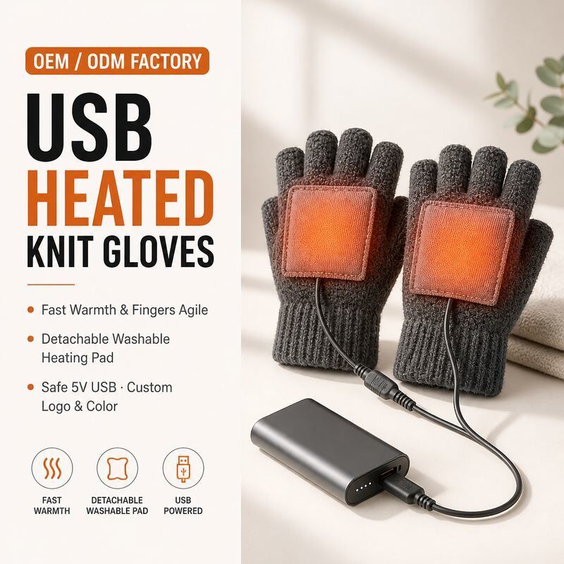 USB Heated Knit Gloves, 5V Fingerless Winter Gloves with Detachable Velcro Heating Pad, 40-50C Constant Warmth, Overheat Protection, CE FCC RoHS, Custom Color Logo and Packaging