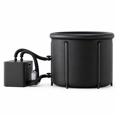 Ice Bath Tub with External Chiller Black Round Cold Plunge Tub with Two Water Hoses Filter and Buckled Cover for Custom Projects
