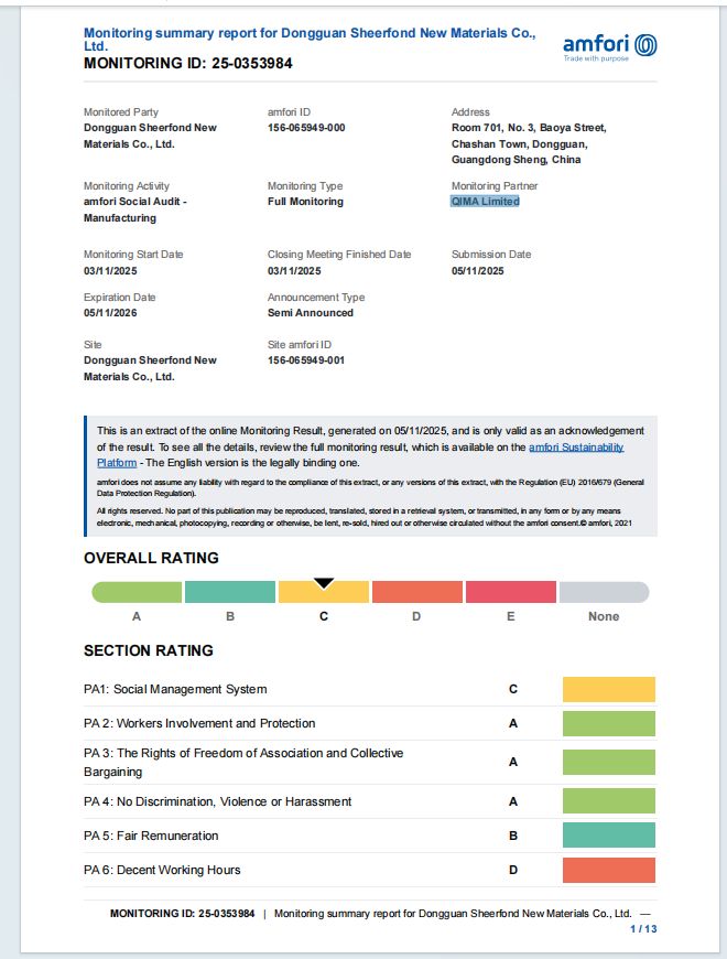 China Dongguan Sheerfond New Materials Co., Ltd. Certification